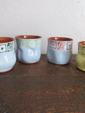 Handmade Pottery Art Cups Signed Set of 4